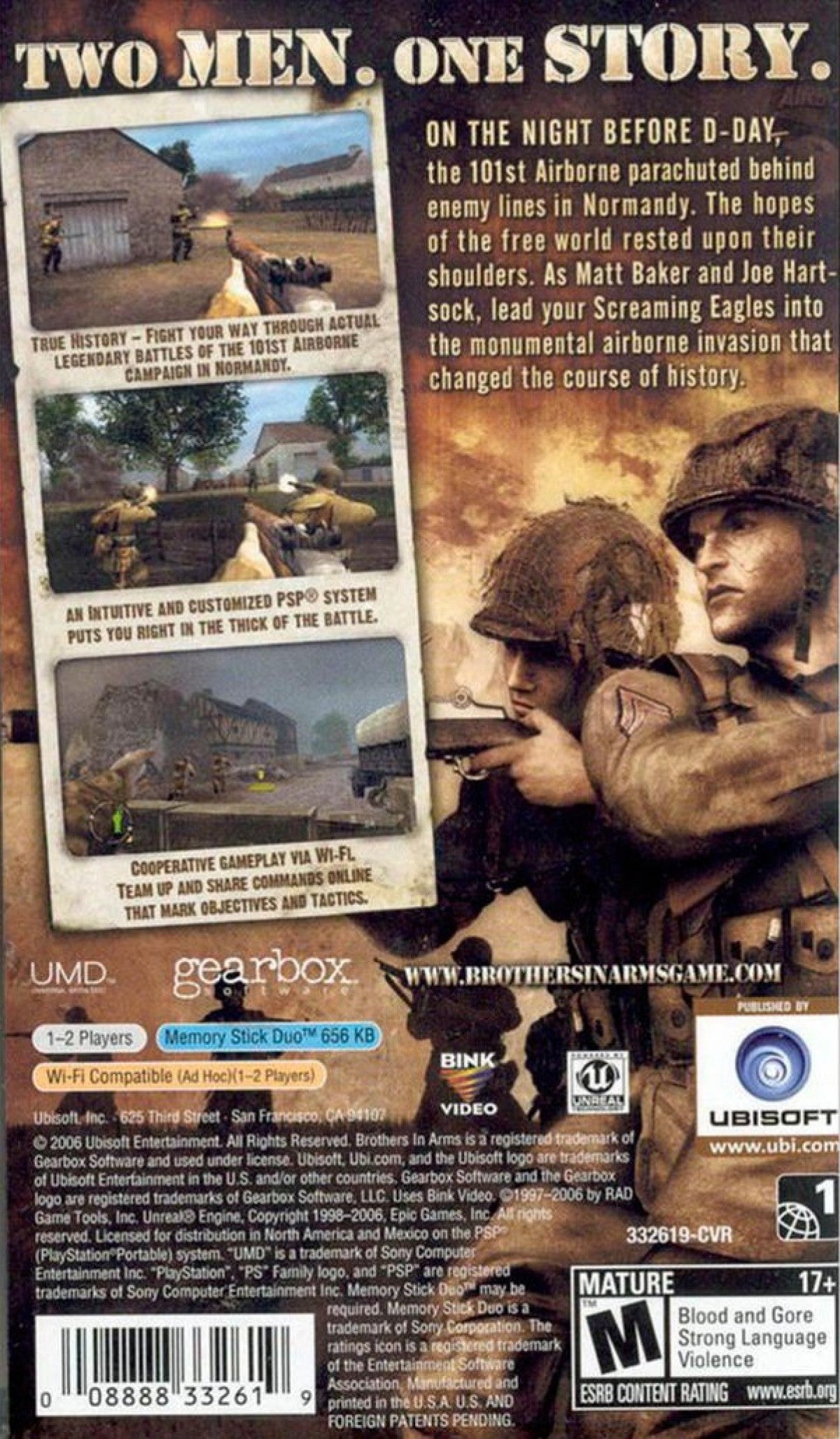 Brothers in Arms D-Day for PlayStation Portable, back of case for a tactical first-person shooter video game with World War II combat, squad-based gameplay, mission objectives, and military strategy