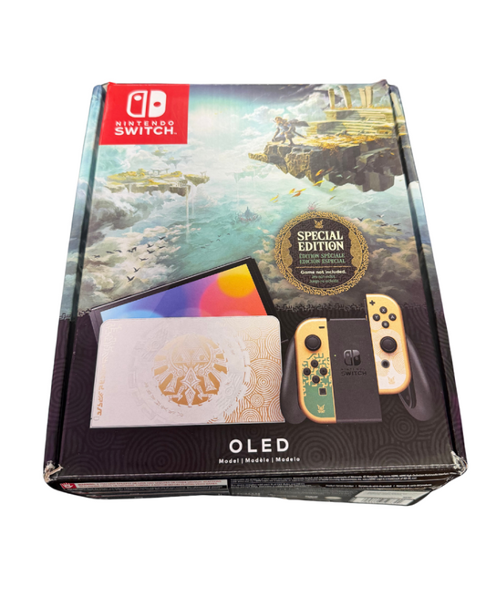 The Legend of Zelda Tears of the Kingdom Nintendo Switch OLED featuring themed gold and green design with vibrant display in box
