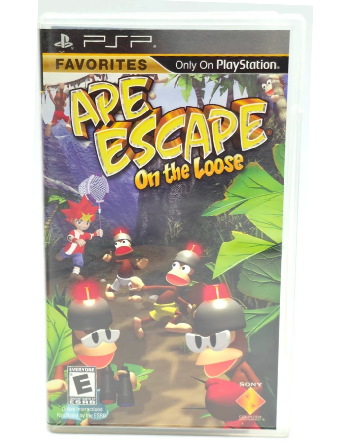Ape Escape On the Loose game for the PlayStation Portable featuring action platformer gameplay with gadget based mechanics time travel stages and monkey catching missions starring Spike in a colorful cartoon style adventure cover art