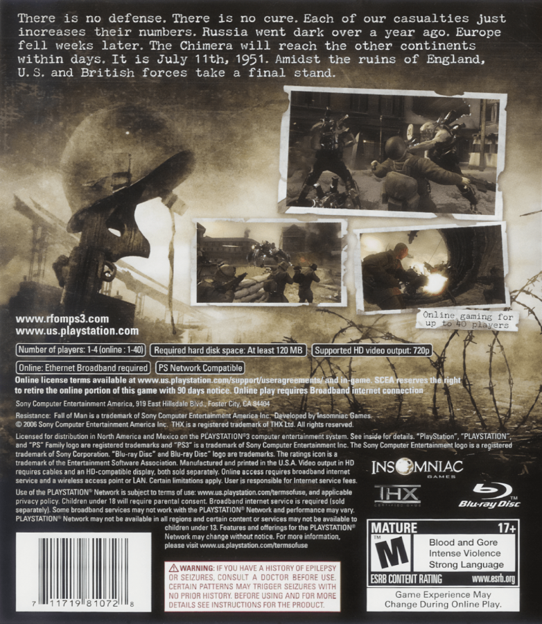 Resistance Fall of Man back cover art for PlayStation 3 PS3 video game