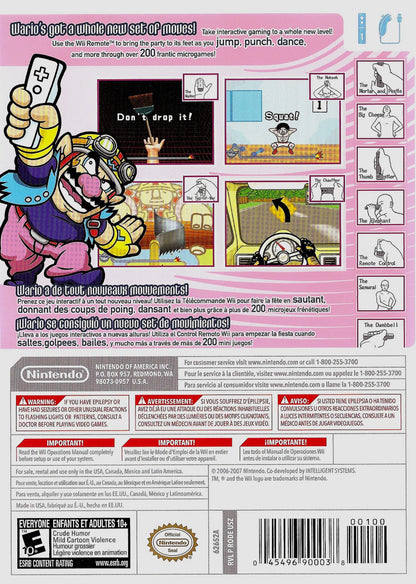 WarioWare Smooth Moves Wii game featuring fast-paced motion-controlled microgames, quirky humor, and chaotic party gameplay using Wii Remote gestures back cover art