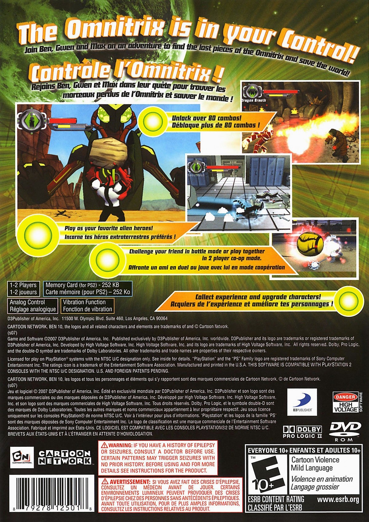 Ben 10: Protector of Earth for PlayStation 2 (PS2) featuring an action beat em up adventure where you transform into iconic aliens to fight enemies solve light puzzles and battle bosses; follow the animated series vibe with combo combat and co op friendly gameplay on PS2 back cover