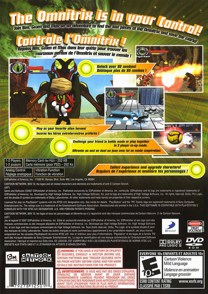 Ben 10: Protector of Earth for PlayStation 2 (PS2) featuring an action beat em up adventure where you transform into iconic aliens to fight enemies solve light puzzles and battle bosses; follow the animated series vibe with combo combat and co op friendly gameplay on PS2 back cover