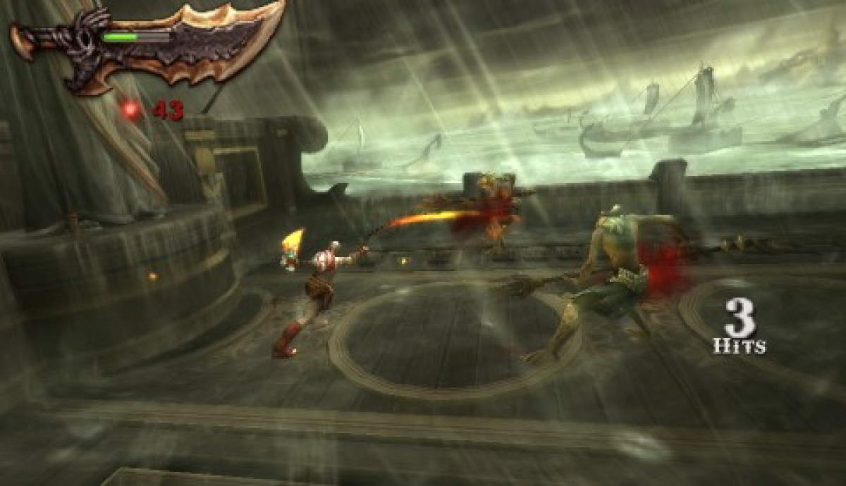 God of War Ghost of Sparta PlayStation Portable PSP action-adventure hack and slash video game prequel to the God of War series featuring Kratos combat magic upgrades and the Arms of spear and shield developed by Ready at Dawn exclusive Sony handheld epic cinematic Greek mythology quest gameplay screenshot