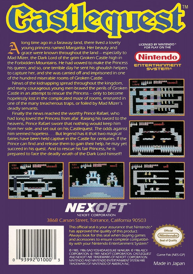 Castlequest Nintendo Entertainment System NES for action puzzle video game fans featuring fantasy castle exploration platforming gameplay challenging puzzles magical enemies hidden secrets retro Nintendo adventure side scrolling action collectible gaming appeal back cover art