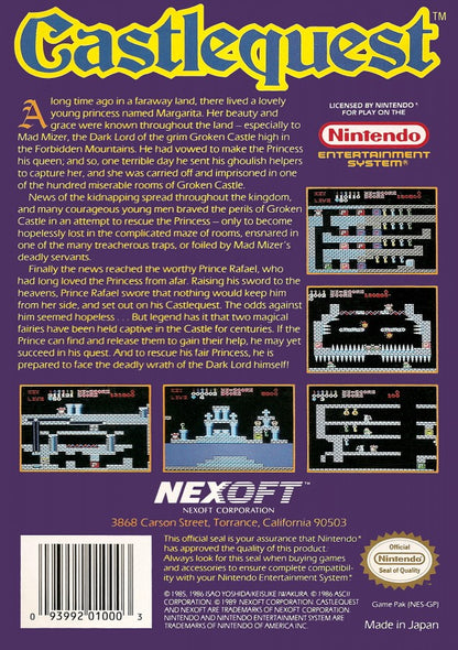 Castlequest Nintendo Entertainment System NES for action puzzle video game fans featuring fantasy castle exploration platforming gameplay challenging puzzles magical enemies hidden secrets retro Nintendo adventure side scrolling action collectible gaming appeal back cover art