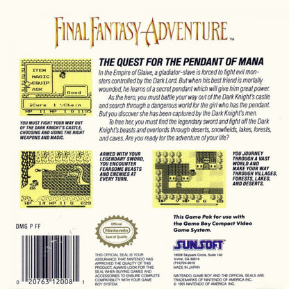 Final Fantasy Adventure Game Boy action RPG top-down adventure prequel to Secret of Mana back cover art