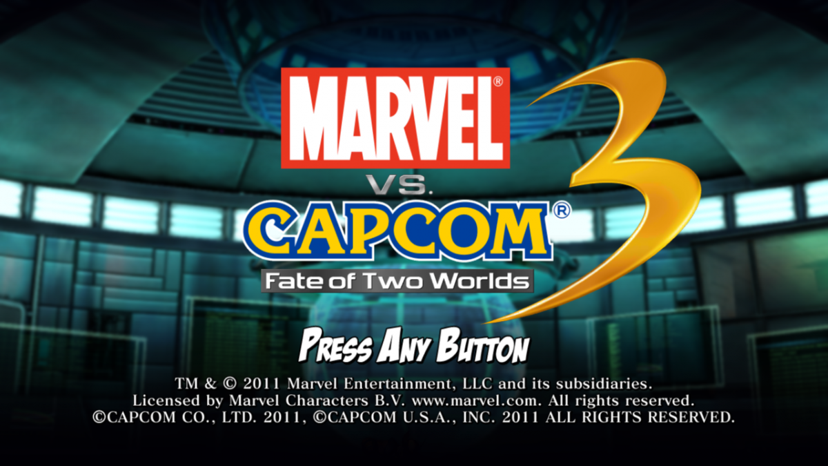 Marvel vs Capcom 3 Fate of Two Worlds PS3 game featuring fast-paced tag-team fighting action, iconic crossover characters, and competitive arcade-style battles main menu title screen