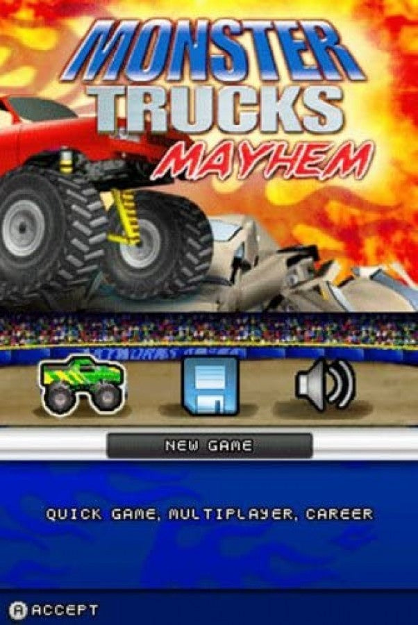 ATV Thunder Ridge Riders and Monster Truck Mayhem for Nintendo DS (DS), title screen for a retro video game featuring off-road racing gameplay, ATV and monster truck challenges, stunt-based competitions, and arcade-style vehicular action