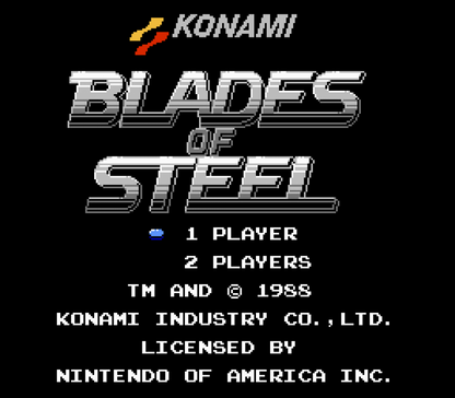 Blades of Steel retro NES video game Blades of Steel hockey sports simulation arcade style gameplay multiplayer competitive action classic console title Nintendo Entertainment System release title screen