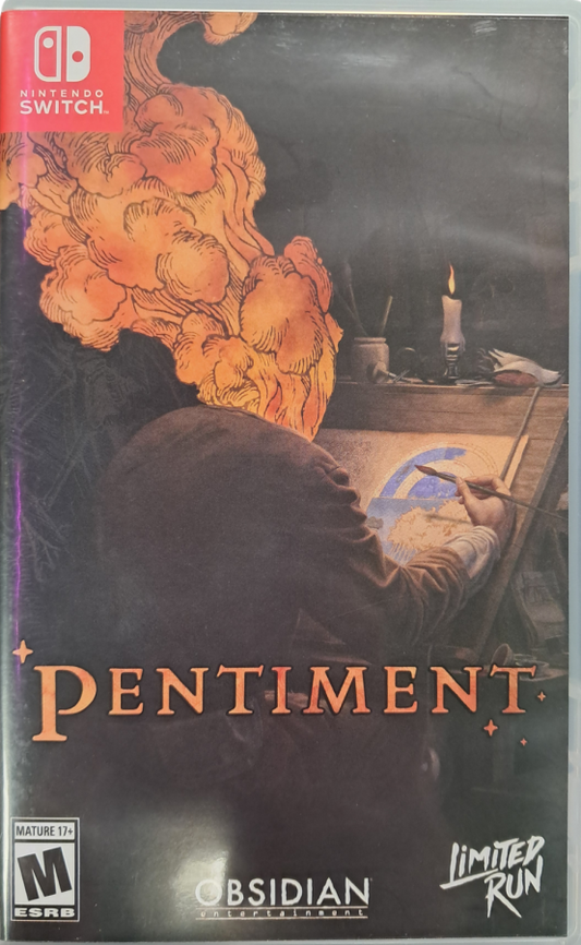 Pentiment Limited Run #229 Nintendo Switch inspired design featuring historical narrative adventure aesthetic illuminated manuscript inspired artwork medieval mystery storytelling branching dialogue choices investigative gameplay rich period detail and atmospheric illustrated presentation front cover