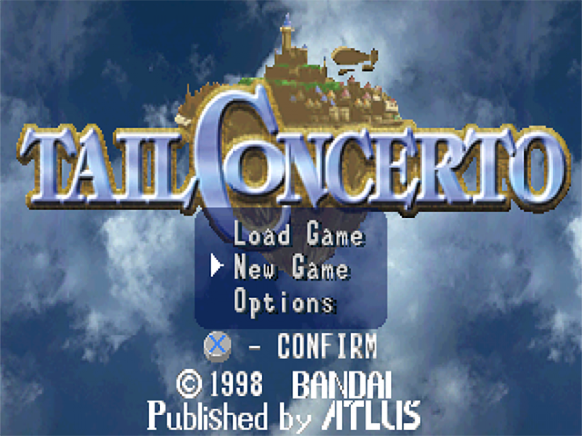 Tail Concerto PlayStation 1 PS1 for retro video game enthusiasts featuring action adventure platforming gameplay charming anthropomorphic characters colorful fantasy world exploration puzzle solving lighthearted storytelling mech based combat and collectible gaming appeal start screen