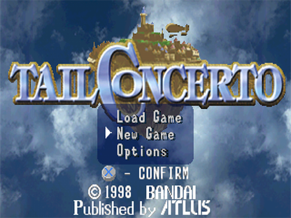 Tail Concerto PlayStation 1 PS1 for retro video game enthusiasts featuring action adventure platforming gameplay charming anthropomorphic characters colorful fantasy world exploration puzzle solving lighthearted storytelling mech based combat and collectible gaming appeal start screen