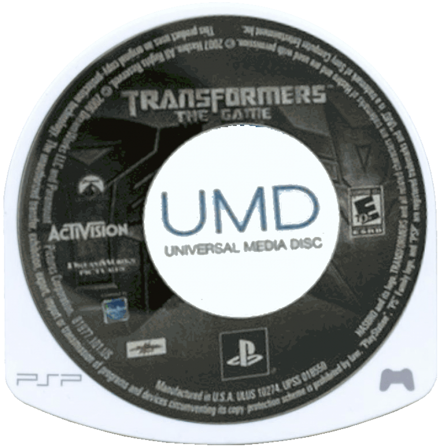 Transformers The Game PlayStation Portable PSP cartridge for retro video game enthusiasts featuring action adventure gameplay robot transformation mechanics Autobot and Decepticon combat missions cinematic movie based storyline destructible environments and portable handheld explosive sci fi gaming experience and collectible gaming appeal