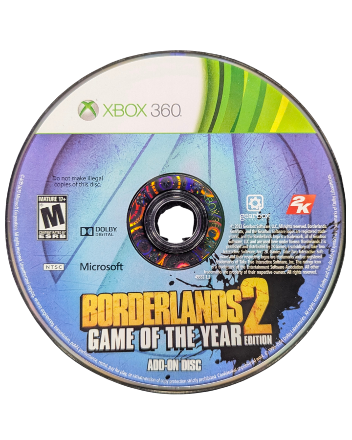Borderlands 2 Game of the Year GOTY Edition Xbox 360 first-person shooter looter-shooter RPG with co-op gameplay cel-shaded art style vault hunting and extensive DLC content disc 2