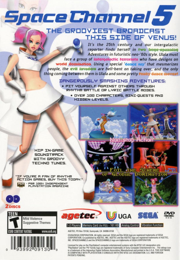 Space Channel 5 Special Edition PlayStation 2 PS2 for rhythm action video game fans featuring musical dance battles stylish retro futuristic visuals Ulala adventure timing based gameplay colorful characters catchy soundtrack Sega classic arcade inspired entertainment collectible gaming appeal back cover art
