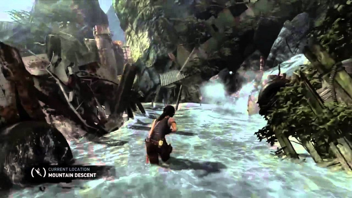 Tomb Raider Game of the Year Edition Xbox 360 action-adventure reboot origin story Lara Croft survival island Yamatai exploration puzzle-solving combat bow and arrows climbing tombs scavenging animal hunting character progression RPG elements upgrade system story-driven third-person perspective hub areas all downloadable content included complete experience gameplay screenshot