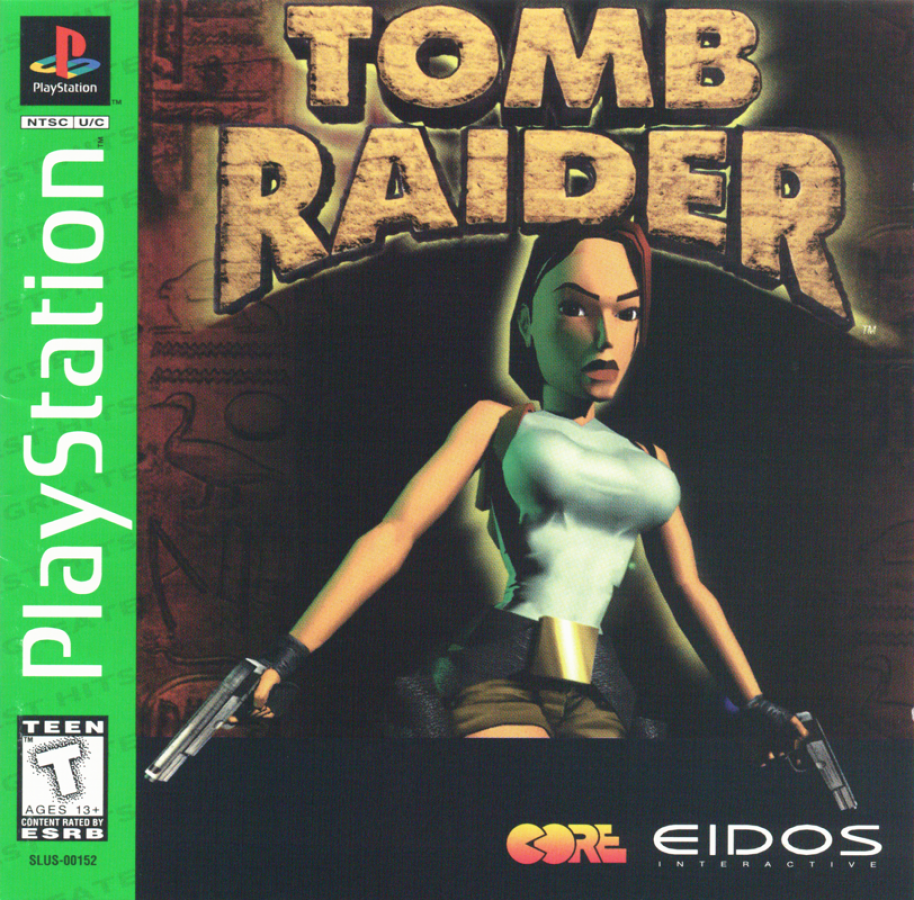 Tomb Raider [Greatest Hits] cover art for PlayStation 1 PS1 video game, action adventure, exploration and puzzle solving, classic Lara Croft debut title