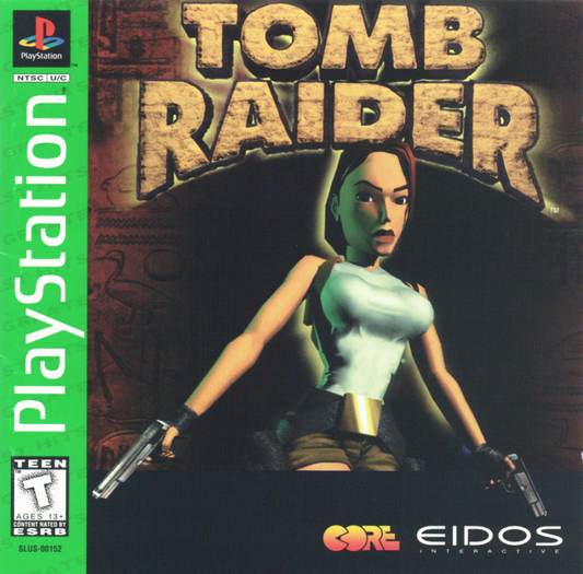 Tomb Raider [Greatest Hits] cover art for PlayStation 1 PS1 video game, action adventure, exploration and puzzle solving, classic Lara Croft debut title