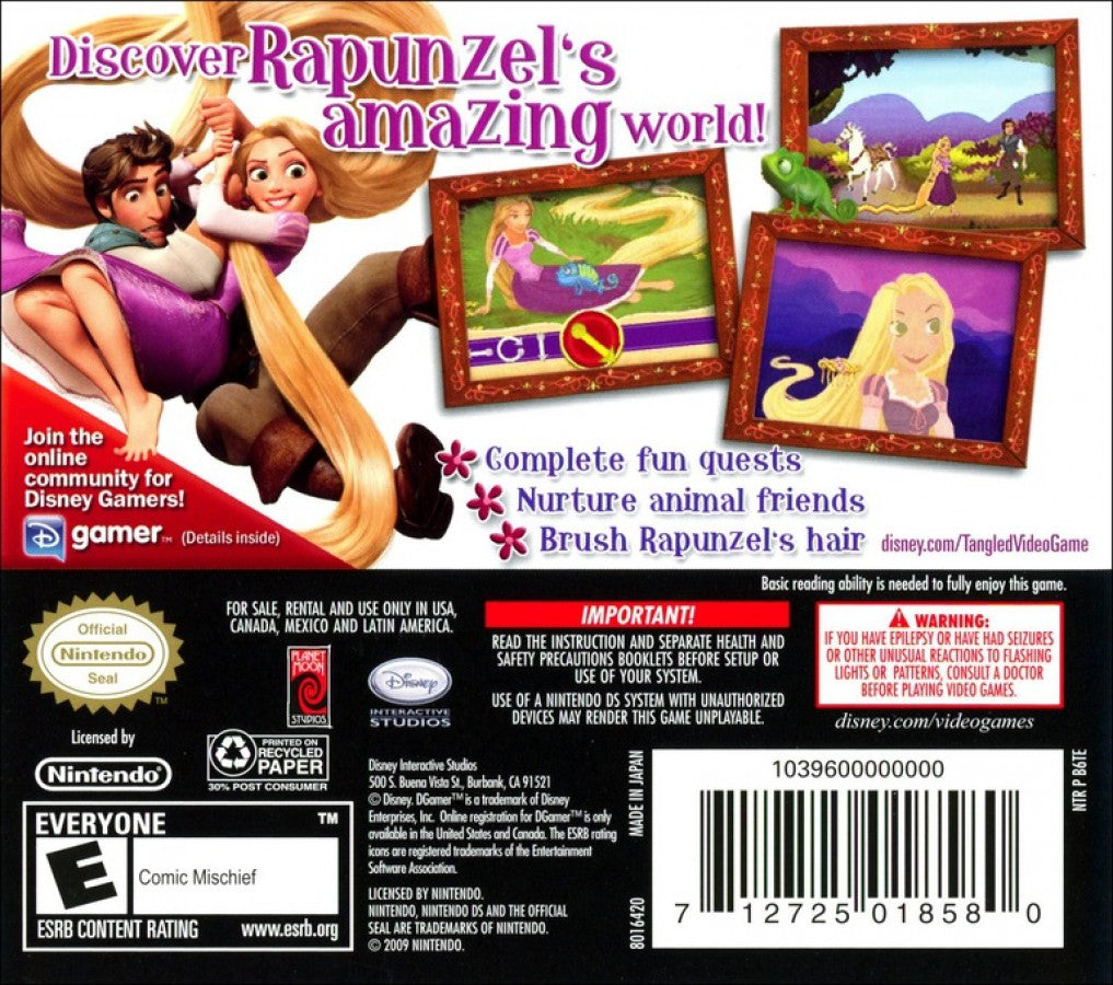 Disney Tangled Nintendo DS back of case inspired design featuring fairy tale adventure gameplay aesthetic Rapunzel and Flynn Rider journey magical kingdom exploration charming story driven challenges colorful environments family friendly fun and portable handheld gaming presentation