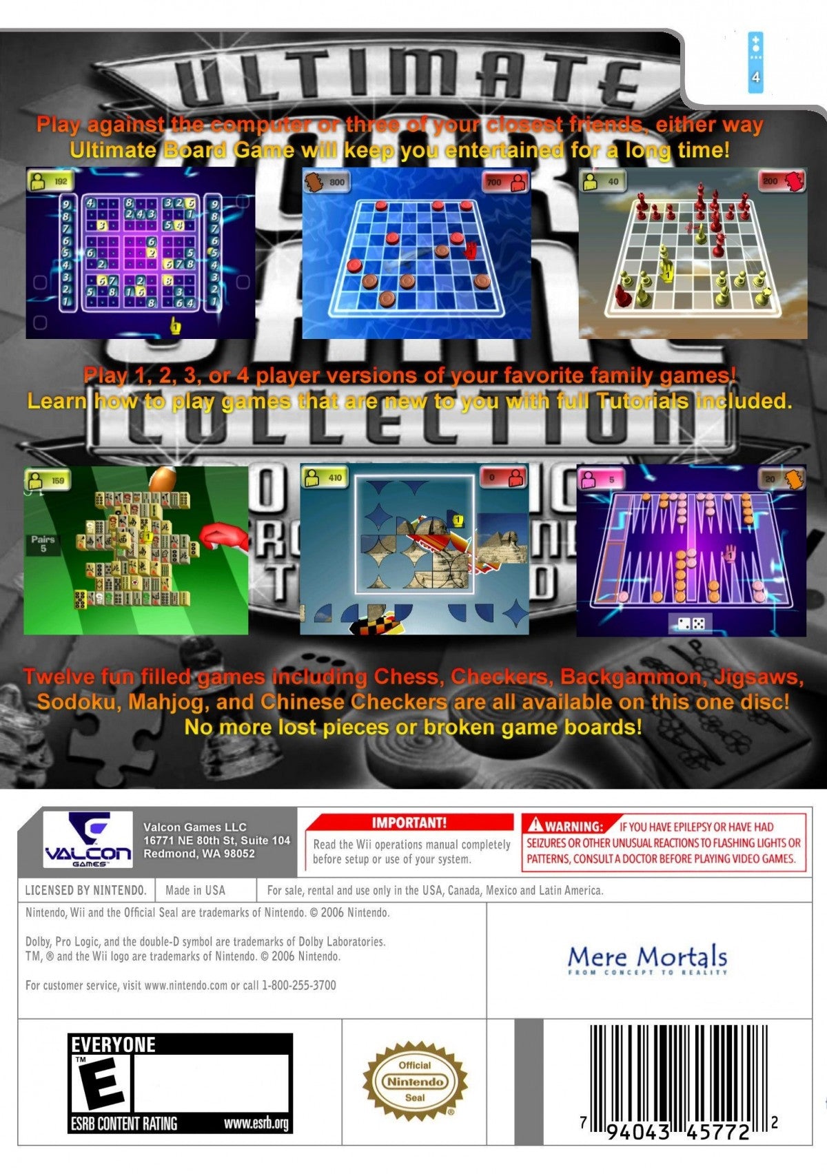 Ultimate Board Game Collection back cover art for Nintendo Wii (Wii) featuring classic board and parlor games like chess, checkers, backgammon, and more, all playable with motion‑controlled family fun.