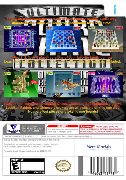 Ultimate Board Game Collection back cover art for Nintendo Wii (Wii) featuring classic board and parlor games like chess, checkers, backgammon, and more, all playable with motion‑controlled family fun.