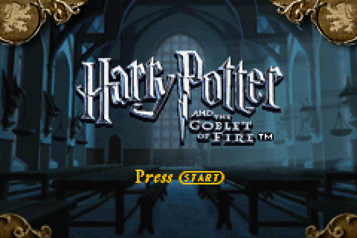 Harry Potter and the Goblet of Fire for Game Boy Advance, title screen for an action-adventure video game with spell-based combat, cooperative gameplay, mission-based progression, and wizarding world storyline