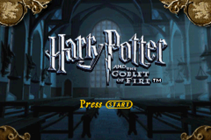 Harry Potter and the Goblet of Fire for Game Boy Advance, title screen for an action-adventure video game with spell-based combat, cooperative gameplay, mission-based progression, and wizarding world storyline