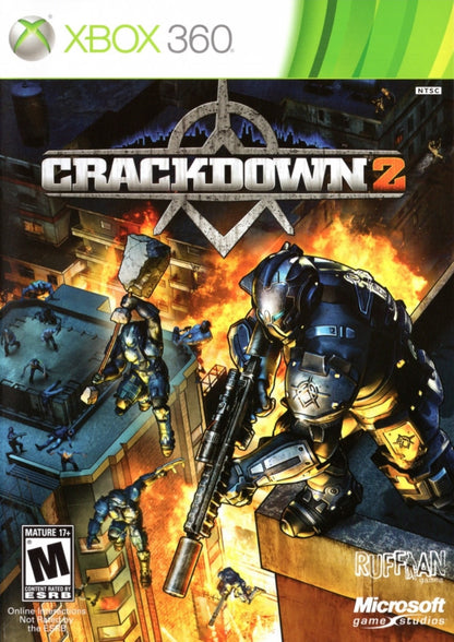 Crackdown 2 Xbox 360 video game featuring open world action gameplay superpowered agent combat Pacific City exploration explosive weapons vehicle driving criminal gangs mutant enemies co-op multiplayer missions and classic Xbox 360 gameplay retro video game collection collectible gaming appeal cover art 