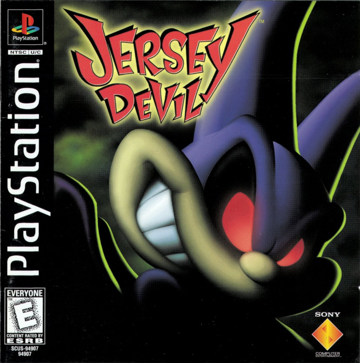 Jersey Devil PlayStation PS1 for action platforming video game fans featuring 3D platform adventure gameplay monster fighting puzzle solving spooky environments cartoon horror style visuals challenging levels unique character abilities classic PlayStation adventure collectible gaming appeal cover art