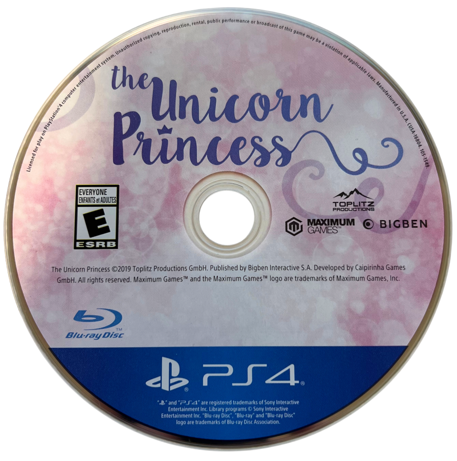 The Unicorn Princess for PlayStation 4, disc for a fantasy adventure simulation video game with horseback riding, magical exploration, quest-based gameplay, and family-friendly open-world adventure