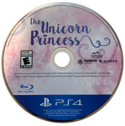 The Unicorn Princess for PlayStation 4, disc for a fantasy adventure simulation video game with horseback riding, magical exploration, quest-based gameplay, and family-friendly open-world adventure