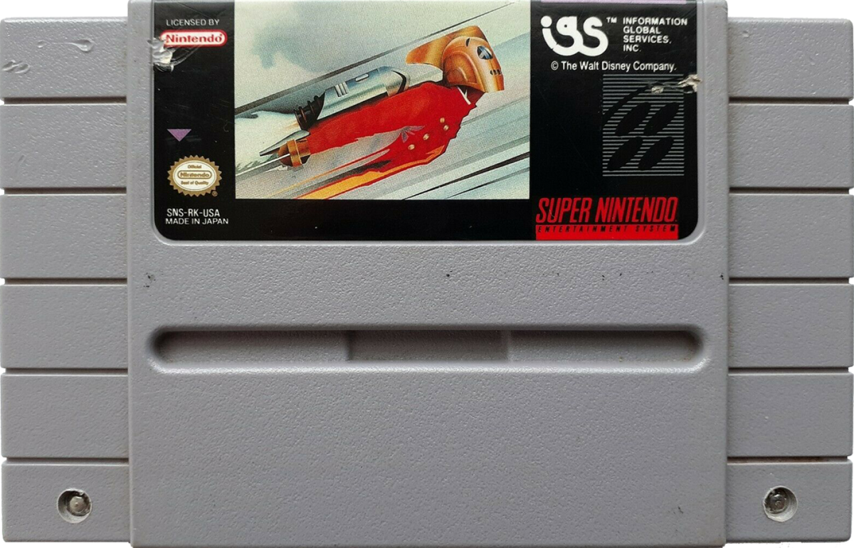 The Rocketeer Super Nintendo Entertainment System SNES retro video game action adventure featuring jetpack flight aerial combat enemy battles platforming gameplay classic 16 bit graphics based on The Rocketeer Super Nintendo gaming experience retro game collection appeal cartridge