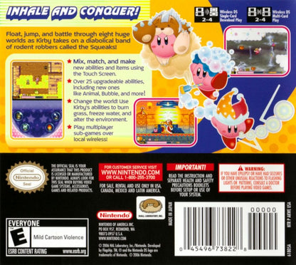 Kirby: Squeak Squad back of case for Nintendo DS (DS) platforming action adventure video game