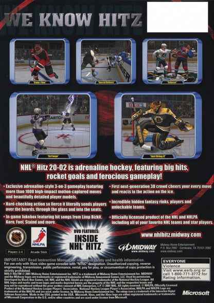 NHL Hitz 2002 Xbox featuring intense arcade-style hockey action back cover art