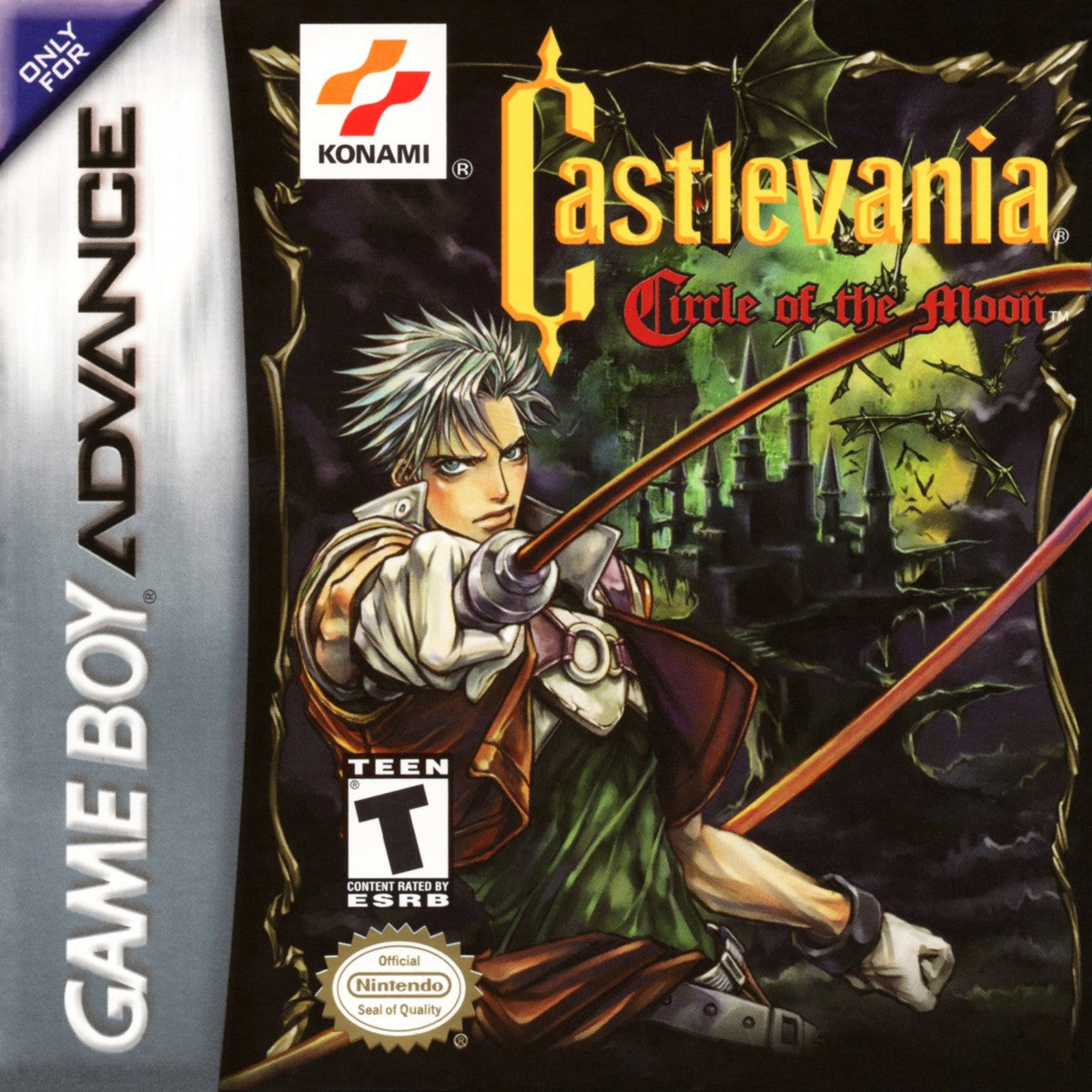 Castlevania: Circle of the Moon Nintendo Game Boy Advance GBA for action adventure metroidvania retro video game fans featuring vampire hunting gothic castles platforming exploration magical abilities powerful weapons challenging bosses classic handheld gaming collectible gaming appeal front cover art