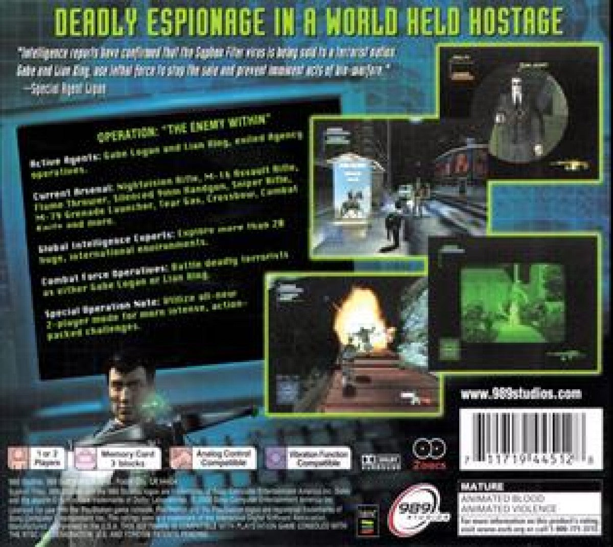 Syphon Filter 2 PlayStation 1 PS1 for third person action stealth video game fans featuring Gabe Logan and Lian Xing tactical missions espionage gameplay stealth objectives weapon combat enemy encounters cinematic storytelling and classic Sony PlayStation gaming collectible appeal back