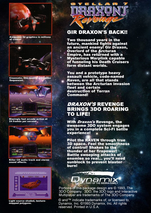 Stellar 7 Draxon's Revenge 3DO interactive multiplayer 3DO action video game featuring futuristic tank combat first-person battlefield missions enemy vehicles powerful weapons space-themed environments challenging battles and classic 3DO gameplay collectible retro gaming appeal back cover art