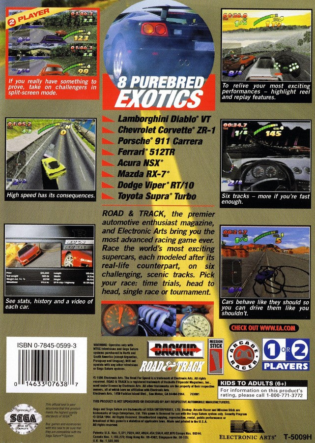 The Need for Speed Sega Saturn racing game realistic car simulation sports cars track racing Electronic Arts EA classic NFS series arcade simulation driving gameplay retro Saturn game Sega Saturn software video game title back cover
