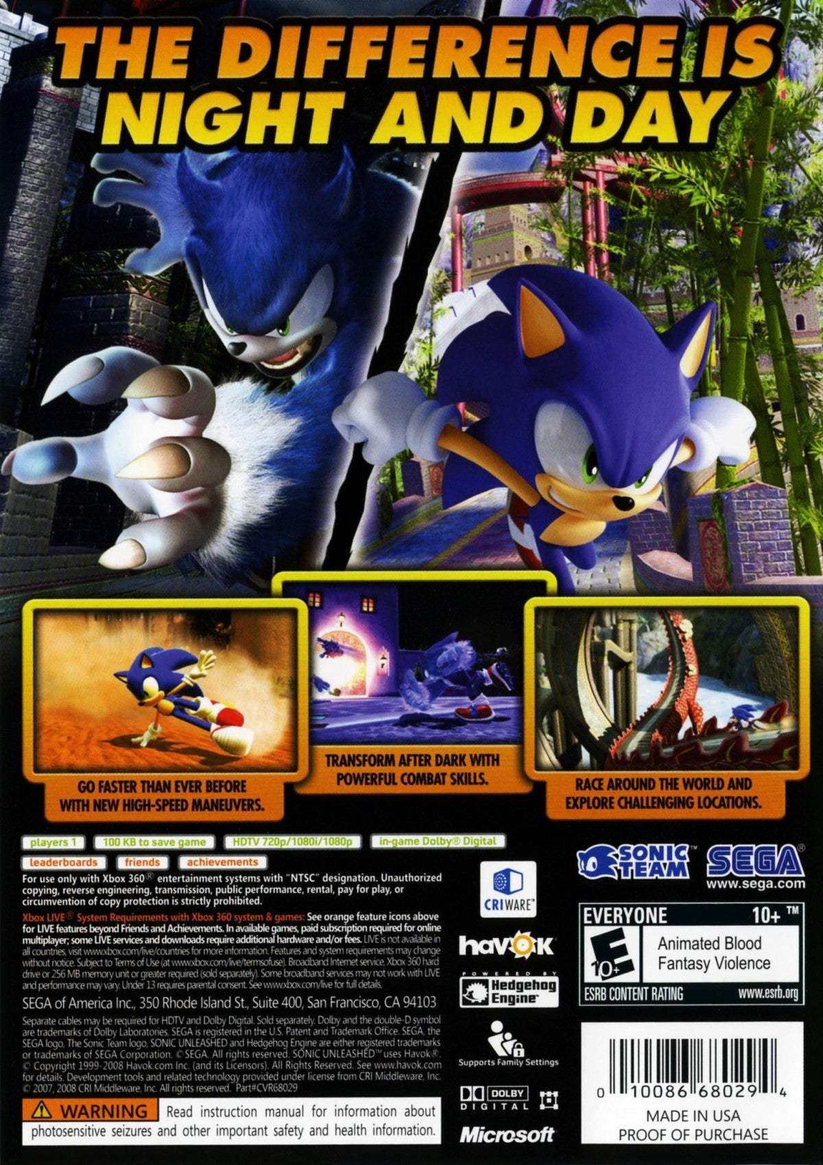 Sonic Unleashed Xbox 360 for retro video game enthusiasts featuring high speed platforming gameplay fast paced action colorful world exploration day and night gameplay mechanics challenging levels iconic Sonic the Hedgehog adventure and collectible gaming appeal back cover