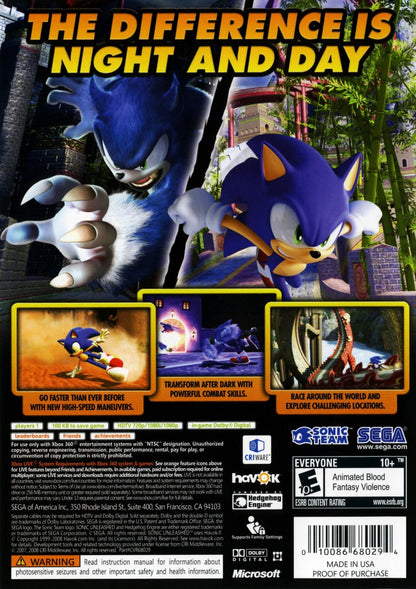 Sonic Unleashed Xbox 360 for retro video game enthusiasts featuring high speed platforming gameplay fast paced action colorful world exploration day and night gameplay mechanics challenging levels iconic Sonic the Hedgehog adventure and collectible gaming appeal back cover