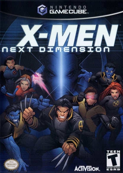 X-Men Next Dimension Nintendo GameCube GC fighting video game featuring Wolverine Cyclops Storm Magneto and other X-Men characters intense 3D arena battles superpowers special attacks team-based combat multiple game modes and classic Nintendo GameCube GC gameplay collectible retro gaming appeal cover art