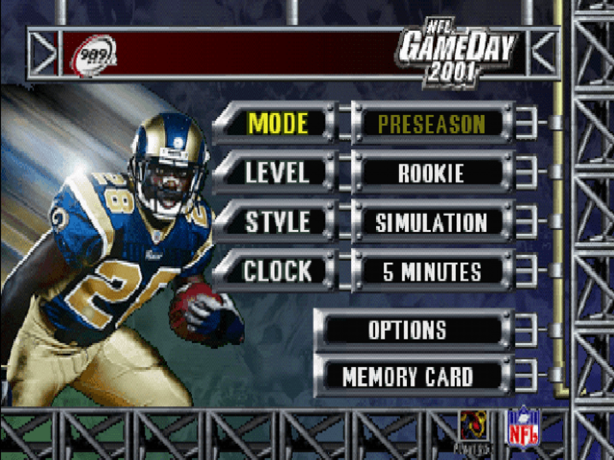 NFL GameDay 2001 PlayStation 1 football simulation video game 989 Sports official NFL license playable teams franchise mode season playoffs exhibition multiplayer gameplay