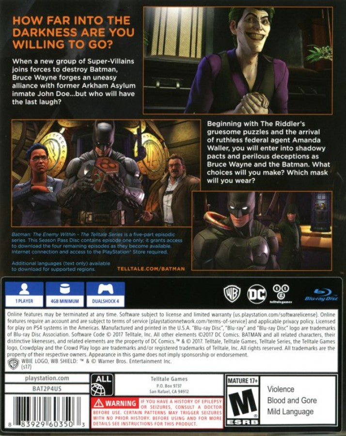 Batman: The Enemy Within back of case for PlayStation 4 (PS4) episodic action-adventure video game