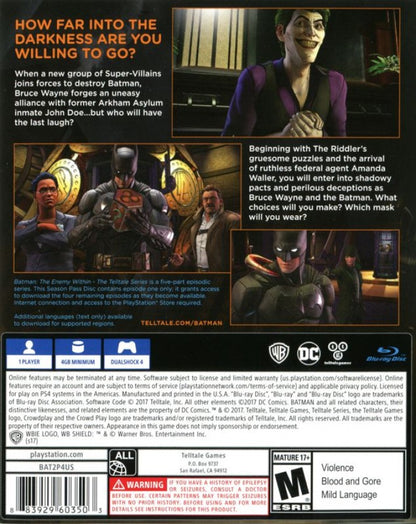 Batman: The Enemy Within back of case for PlayStation 4 (PS4) episodic action-adventure video game