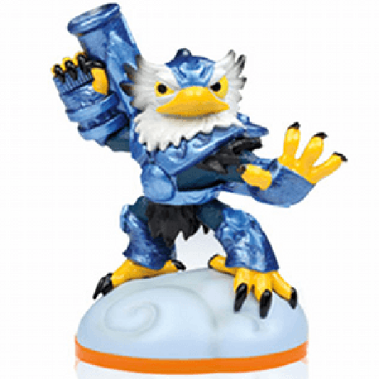 LightCore Jet-Vac Skylanders Giants figure, glowing air element eagle warrior with illuminated chest core, mechanical wings and turbine jet pack, holding suction vacuum cannon, detailed collectible toy on portal base from Skylanders Giants series