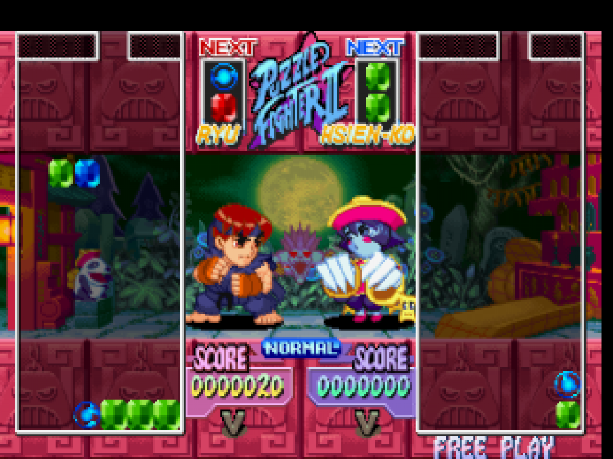 Gameplay for Super Puzzle Fighter II Turbo PlayStation 1 game featuring competitive gem-matching puzzle gameplay with Capcom characters