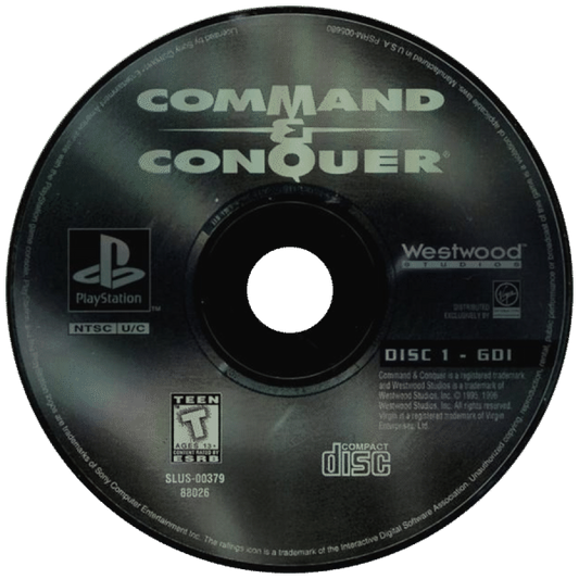 Command and Conquer PlayStation 1 real-time strategy video game GDI NOD factions base building resource harvesting Tiberium ore multiplayer link cable support campaign missions FMV cutscenes Kane commander classic RTS port disc art