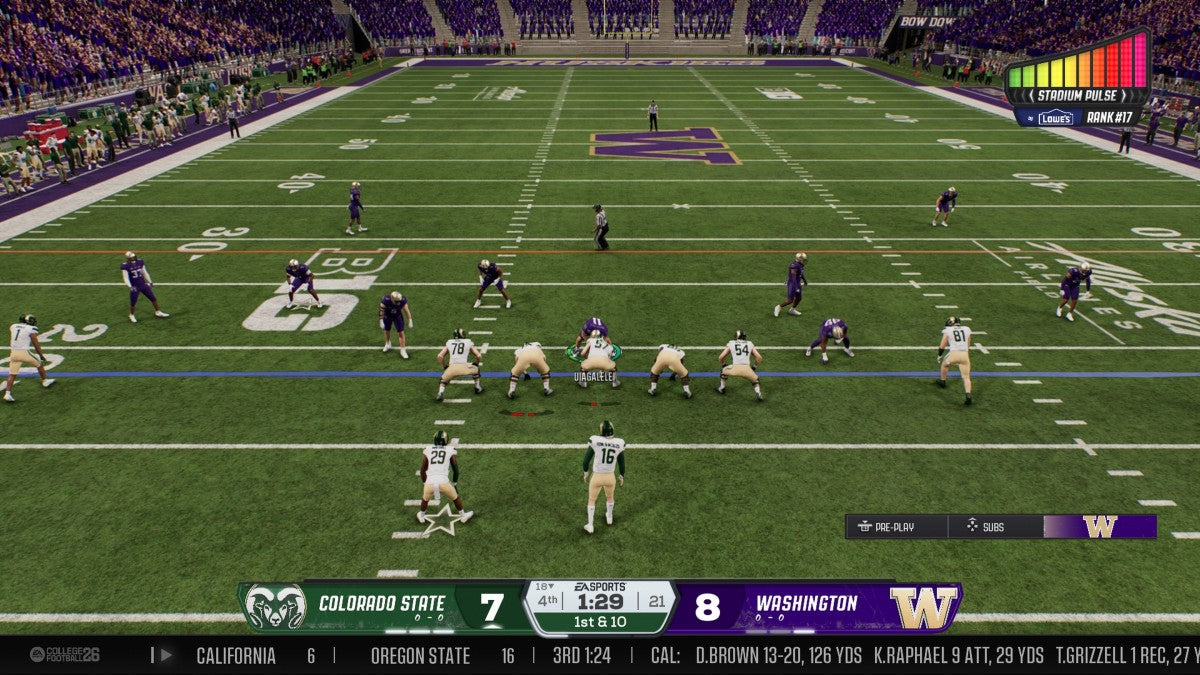 EA Sports College Football 26 PlayStation 5 college football simulation video game featuring 136 FBS schools over 300 authentic coaches 2700 new plays Dynasty Road to Glory College Ultimate Team Road to the College Football Playoff enhanced Stadium Pulse Home Field Advantage dynamic substitutions wear and tear mechanics Heisman Trophy journey recruiting portal authentic game day atmospheres fight songs commentary gameplay screenshot