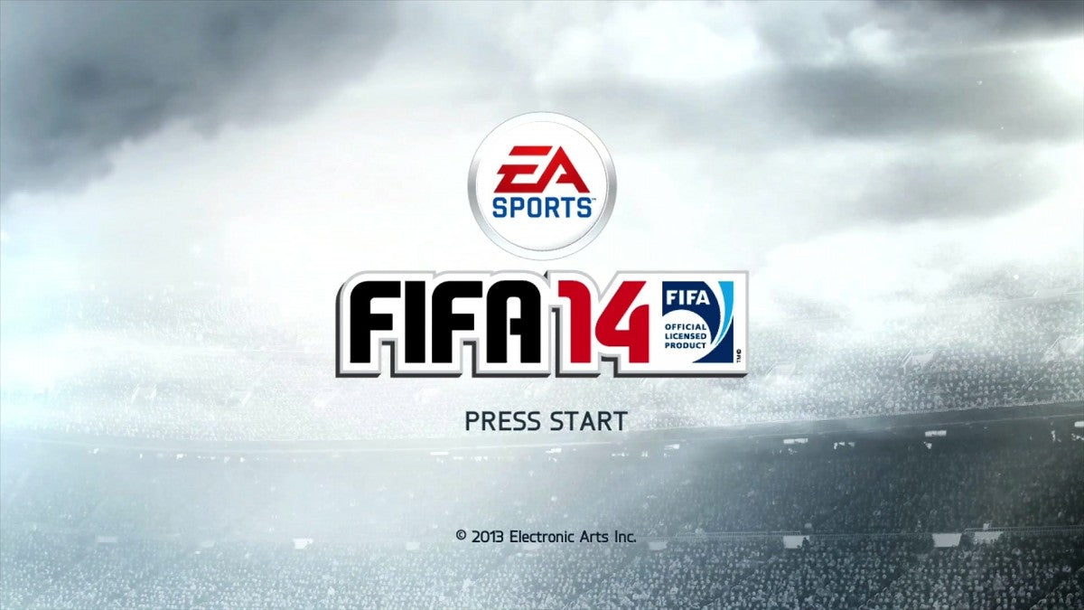 FIFA 14 start screen for Xbox 360 (X360) sports soccer video game